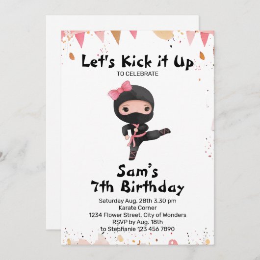 Ninja Invitation anniversaire - Ninja Girl Party (Devant / Derrière)