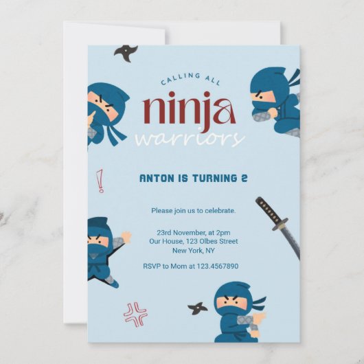 Ninja Invitation d'anniversaire | Parti bleu Ninja (Devant)