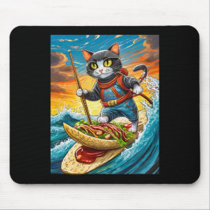 Ninja-kat surft op een taco-surfplank met hete sau muismat
