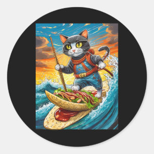 Ninja-kat surft op een taco-surfplank met hete sau ronde sticker