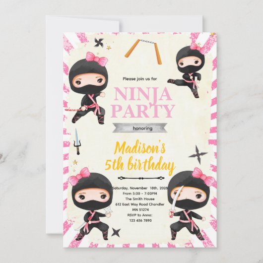 Ninja meisje verjaardagsfeest uitnodiging (Voorkant)