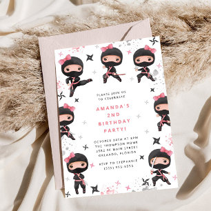 Ninja Meisje Verjaardagsuitnodiging, Cute Roze Kar Kaart