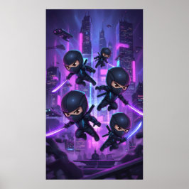 Ninja met gloeiend zwaard in futuristische stad poster