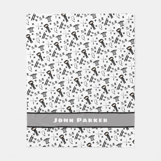 Ninja-patroondeken met naam, zwarte grijs fleece deken (Voorkant)