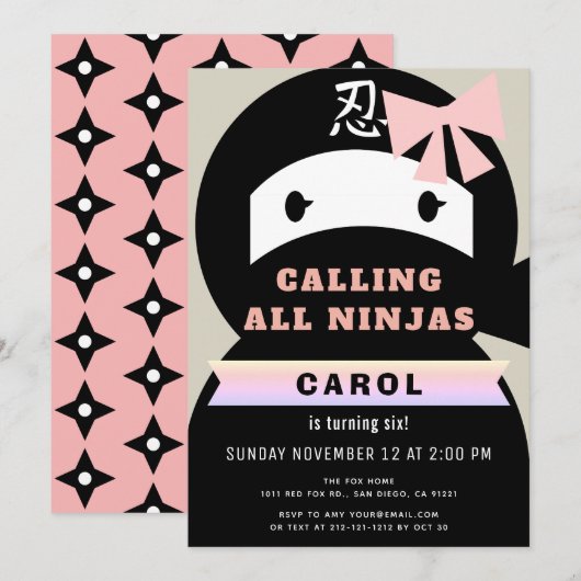 Ninja Pink & Black Girl Verjaardag Kaart (Voorkant / Achterkant)