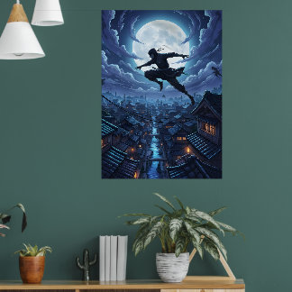Ninja springt over daken onder maanlicht poster