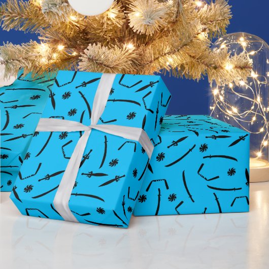 Ninja Sword en Throwing Stars Pattern Black Blue Cadeaupapier (Feestdagen)