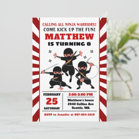 Ninja-uitnodiging, Ninja-verjaardag Kaart (Staand voorkant)