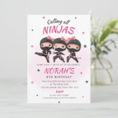 Ninja Verjaardag Uitnodiging Roze Meisjes Karate P (Staand voorkant)