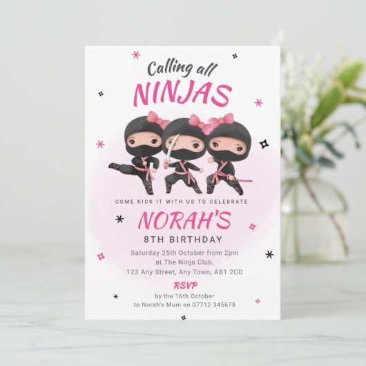 Ninja Verjaardag Uitnodiging Roze Meisjes Karate P (Staand voorkant)