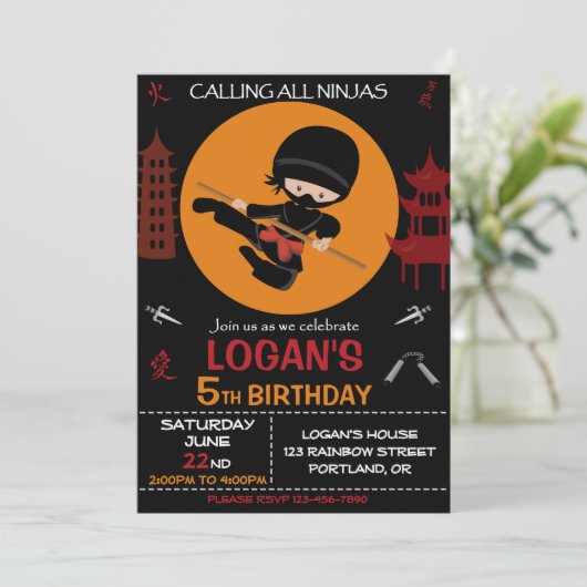 Ninja verjaardagsuitnodiging Ninja-strijder Kaart (Staand voorkant)