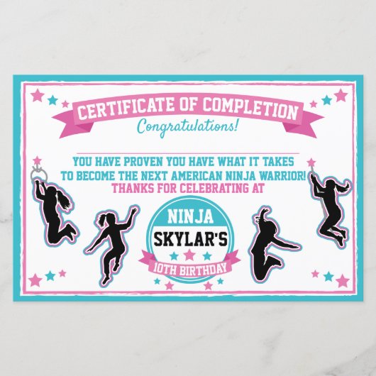 Ninja Warrior Girl Party Certificate of Completion (Voorkant)