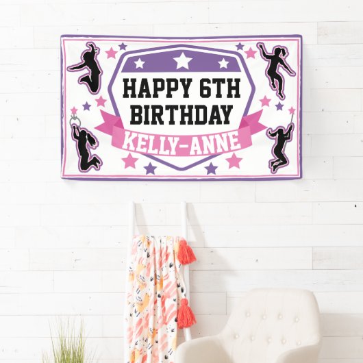 Ninja Warrior Meisjes Verjaardagsfeestje Roze Paar Spandoek (Insitu)