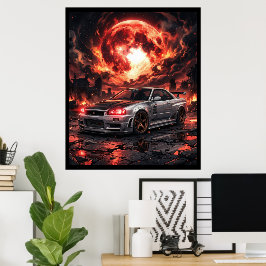 Nissan Skyline R34 Onder een Robijnrode Maan Poster