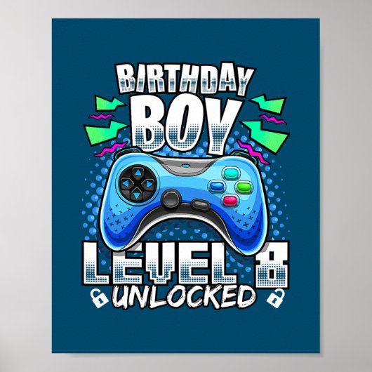 Niveau 8 onvergrendelde videogame 8e verjaardag ga poster (Voorkant)