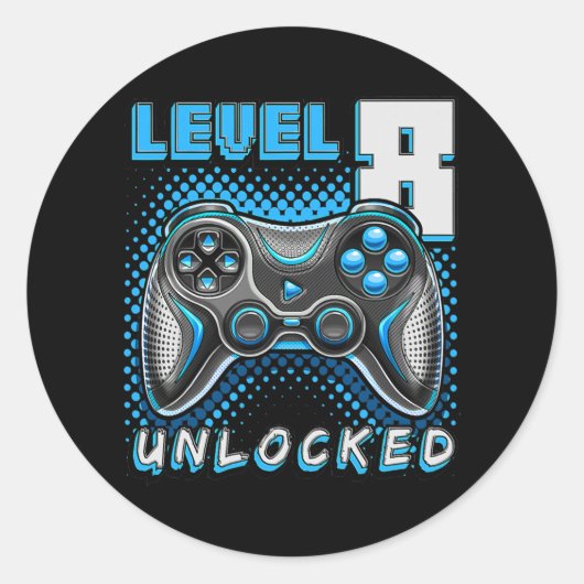 Niveau 8 onvergrendelde videogame 8e verjaardag ga ronde sticker (Voorkant)