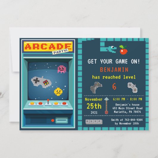 Niveau Haut Arcade Anniversaire Fête Invitation (Devant)