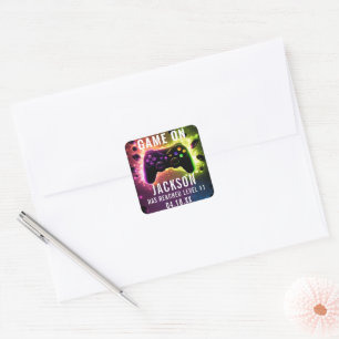 Niveau omhoog! Neon Video Game Verjaardagsfeest Vierkante Sticker