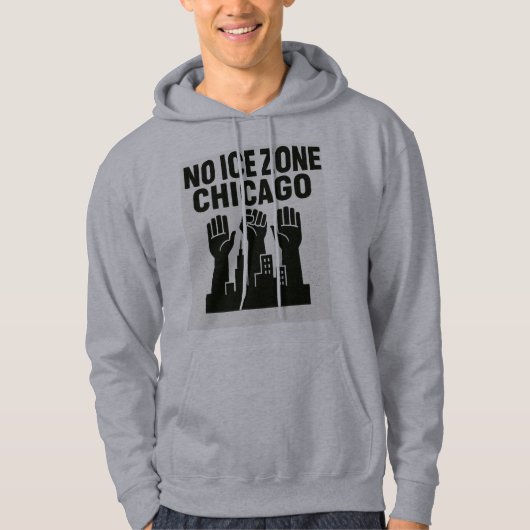 No ICE Zone Hoodie – Raised Fists Over Chicago Sky (Voorkant)
