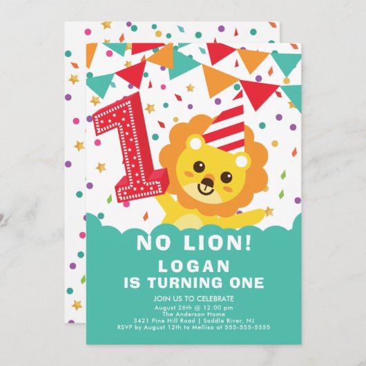 No Lion 1er Anniversaire Invitation (Devant / Derrière)