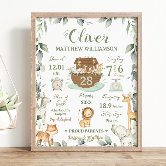 Noachis Ark Geboortestatistieken Babykamer Groene  Poster