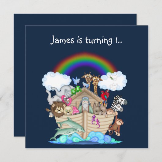 Noachs ark dier uitnodiging Navy Blauwe (Voorkant / Achterkant)