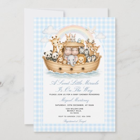 Noah’s Ark Baby Shower Invitation Boy Gingham (Devant)