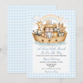 Noah’s Ark Baby Shower Invitation Boy Gingham (Devant / Derrière)