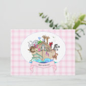 Noah's Ark Animals Roze Gingham Kaart (Staand voorkant)