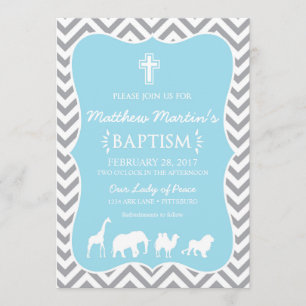 Noah's Ark Baptism Invitation Blue Gray Chevron Kaart