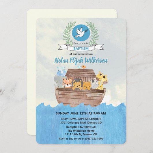 Noah's Ark Baptism uitnodiging (Voorkant / Achterkant)