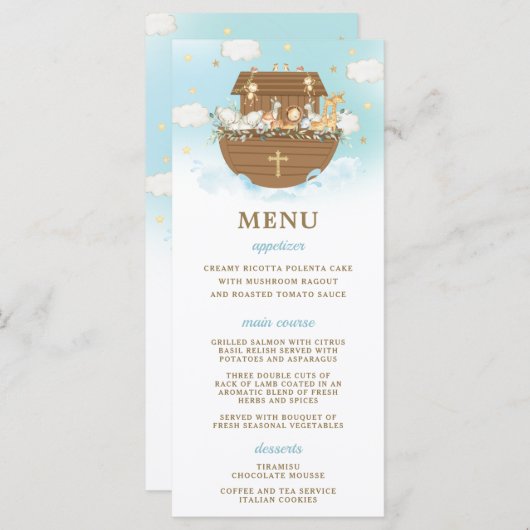 Noah's Ark Blue Baptism Birthday Baby shower Menu (Devant / Derrière)