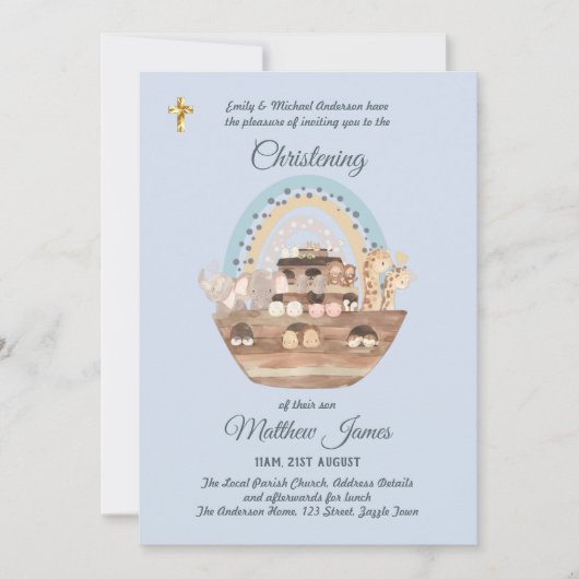 Noah's Ark Blue Boys Christening Invitation Baptêm (Devant)