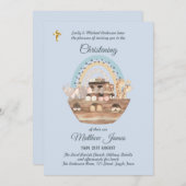 Noah's Ark Blue Boys Christening Invitation Baptêm (Devant / Derrière)