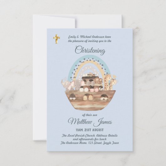 Noah's Ark Blue Boys Christening Invite Baptism (Voorkant)