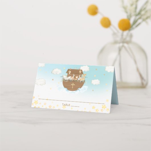 Noah's Ark Blue Cute Animals Baptism Guest Name (Voorkant)