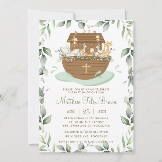 Noah's Ark Greenery Baptism Christening Neutral Kaart (Voorkant)