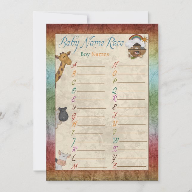Noah's Ark Nom course Baby shower cartes de jeu (Devant)