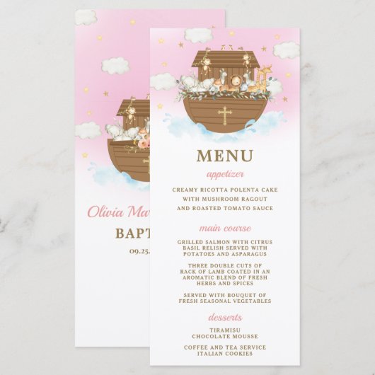Noah's Ark Pink Baptism Birthday Baby shower Menu (Devant / Derrière)