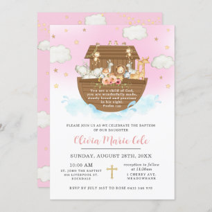 Noah's Ark Pink Baptism Christening Dedicatie Kaart