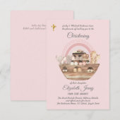Noah's Ark Pink Girls Christening Invitation Baptê (Devant / Derrière)