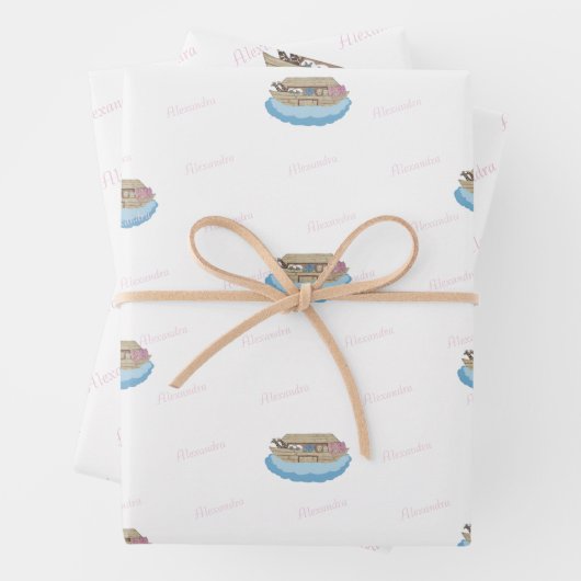 Noah's Ark Pink Script Girl Baby shower Inpakpapier Vel (In situ)