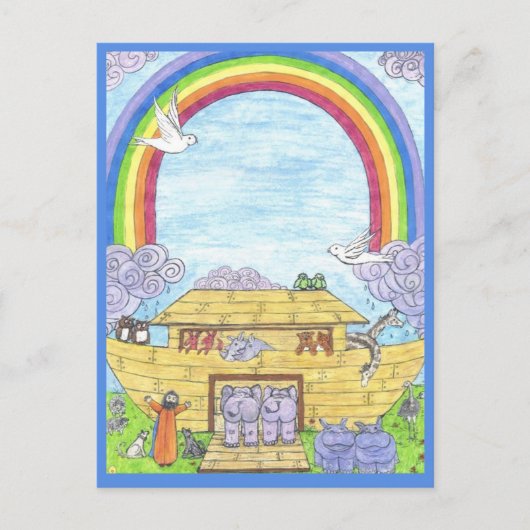 Noah's Ark Waterverf Rainbow Funny Elephant Aankondigingskaart (Voorkant)