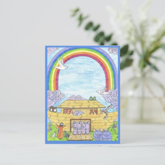 Noah's Ark Waterverf Rainbow Funny Elephant Aankondigingskaart (Staand voorkant)