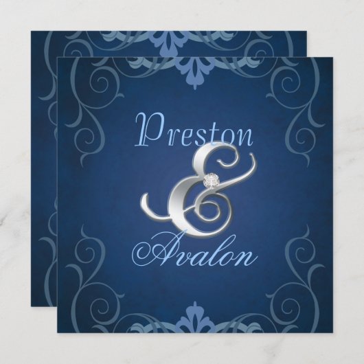 Nobel Blue Texture Silver Scroll Uitnodiging (Voorkant / Achterkant)