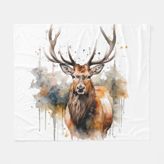 Noble Antlers: Woodland Elk Waterverf Art Fleece Deken (Voorkant (Horizontaal))
