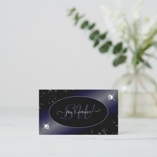 Noble Black Blue Glitter Stars Diamonds Initialen Visitekaartje (Staand voorkant)