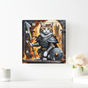Noble Cat in Armor met zwaard en schild Vierkante Klok