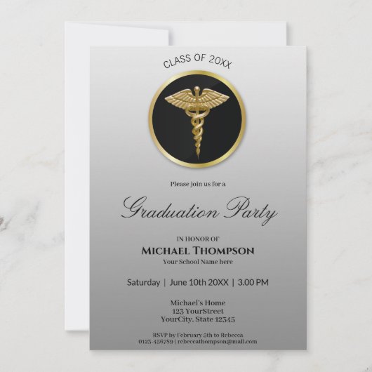 Noble Gold Caduceus Médicale Graduation Invitation (Devant)