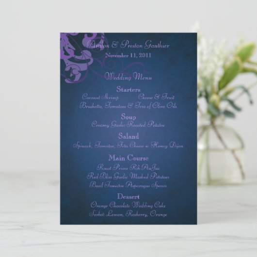 Noble Paars Scroll Blue Wedding Menu (Staand voorkant)